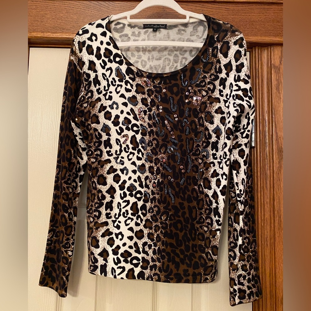 Pierri New York Women’s Animal Print Sequin Beaded Sweater Sz S Black and Brown